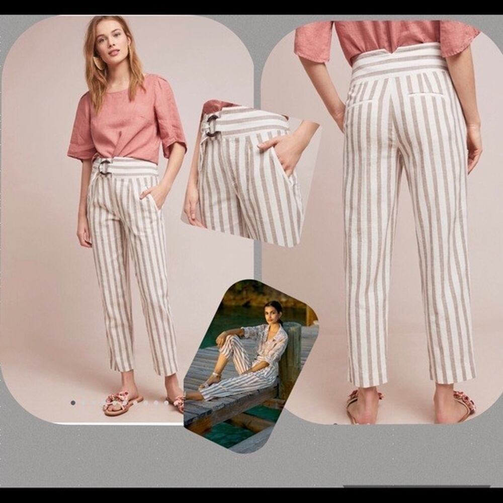 Anthropologie Linen Cotton White Brown Stripe High Rise Pocket Chino Pant 2P #K7